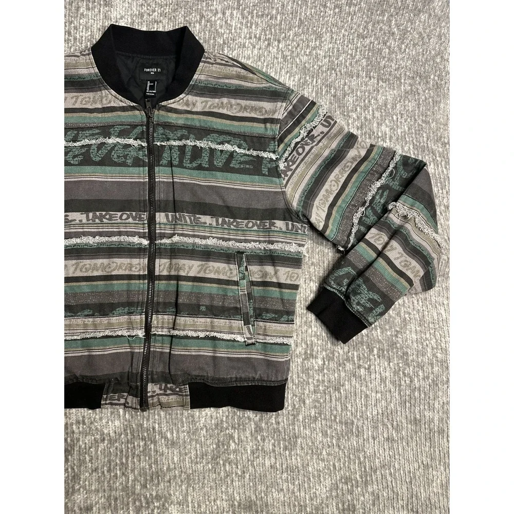 Forever 21 Men's Bomber Jacket L Quilted Distressed Striped Graphic Y2K Zip Rare